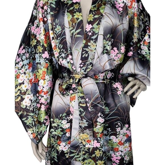 Vintage Silky Satin Black Garden Floral Belted Boho Kaftan Kimono Robe OSFM - Picture 5 of 10